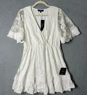 Lulus Dress Womens M Cream Floral Lacy Jacquard Mini‎ Dress Wedding Party NEW thumbnail 1