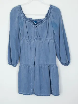 Old Navy Womens Chambray Tiered‎ Babydoll Dress Size XS Long Sleeve Cowgirl Boho thumbnail 1