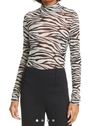 STAUD Shirt Womens Small Brown Zebra Mesh Sheer Long Sleeve Mock Neck Top thumbnail 1