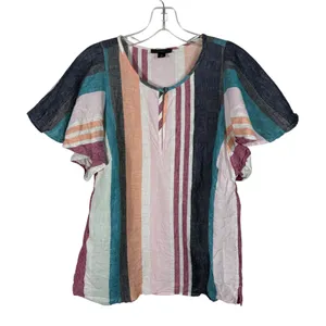 J.Crew 100% Linen Colorful Striped Ruffle Sleeve Blouse Top Breathable Summer 6 thumbnail 1