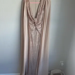 Elegant Sequin Maxi Gown with Sheer Cape Gold Size XS thumbnail 2