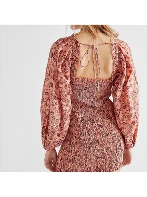 Women’s Free People Apricot Floral Smock It To Me Mini Dress Size M thumbnail 2