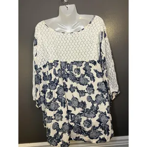 Free People Blouse Womens M White Scoop Neck 3/4 Balloon Sleeve Floral Tunic thumbnail 8