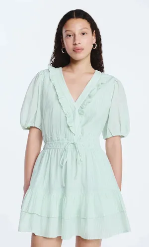 Free Assembly Womens XXL Green Striped Ruffle V-Neck Puff Sleeve Mini Dress thumbnail 1