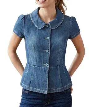 Retro Denim Jean Peplum Top Button Front Blue Western Cowgirl S Country Rodeo thumbnail 1