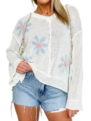 POL Daisy Print Loose Knit Hooded Sweater Women’s Size Small Boutique Sweater thumbnail 1