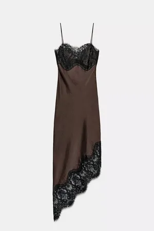 Zara Satin Lace Slip Mini Evening Dress in Deep Brown thumbnail 6