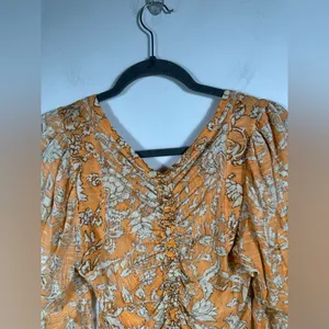 Free People Floral Crop Top XS Orange Cream Boho Long Sleeve Ruched Front Blouse thumbnail 5