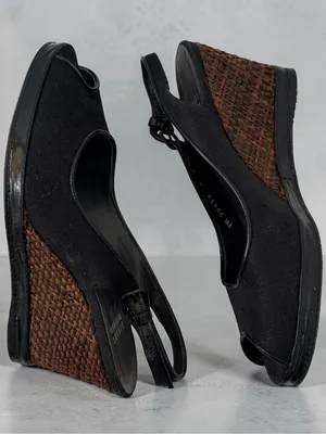 Stuart Weitzman Black linen Peep-Toe Slingback Wedges with Brown Woven Heel thumbnail 1