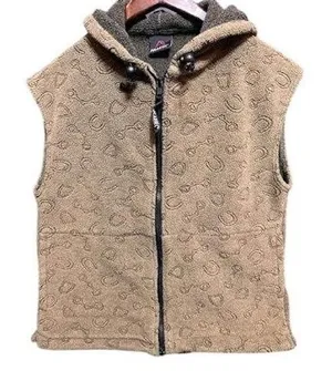 Hooded Fleece Vest Sleeveless Jacket Horseshoe Pattern‎ Brown Casual thumbnail 1