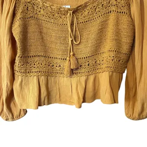 American Eagle NWT Blouse Top Crochet Gauze SZ LG Long Sleeves Mustard Smocking thumbnail 4