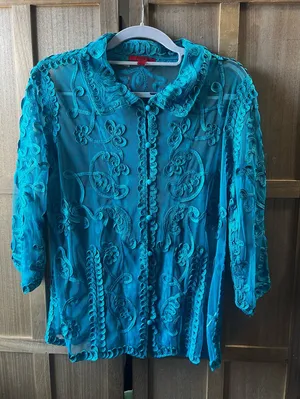 Joni B. Teal Embroidered Women's Top Blue Size M thumbnail 1