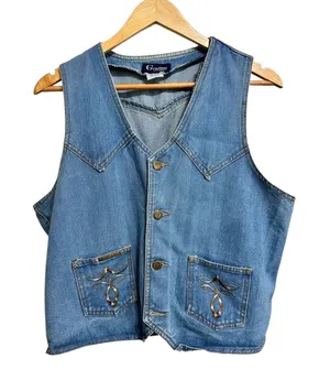 Western Vintage Graffiti blue Denim Vest Large Cinch‎ Back Embroidered thumbnail 1