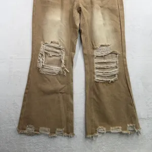 Boho S Jeans Flare Distressed Tan High Rise Raw Hem Shredded Knee Streetwear thumbnail 3
