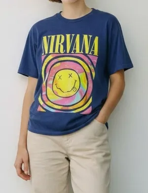 Nirvana Vintage Style Smile Back Short Sleeve Unisex T Shirt Crew Neck M Blue thumbnail 1