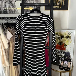 Club Monaco Black And White Striped Ribbed Midi Sweater Dress With Bell Sleeves thumbnail 12