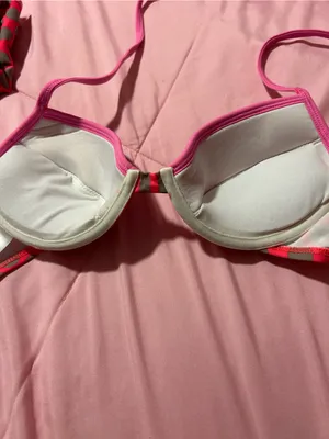 Xhilaration Pink & Olive Striped Push-Up Bikini Top thumbnail 2