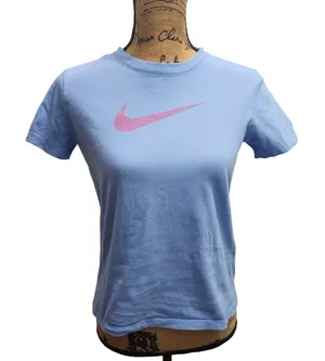 Nike Tee T Shirt Blue Pink Swoosh Logo Women's Size L‎ thumbnail 1