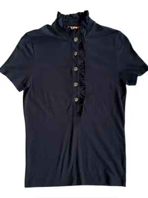 Tory Burch Pima Cotton Ruffle Logo Button Top Black Size Small thumbnail 1