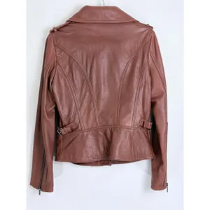 Y2K Vintage Leather Moto Jacket Cognac Brown Pelle Studio Funnel Neck M thumbnail 8