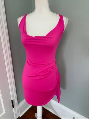 SHEIN‎ Hot Pink Sleeveless Cowl Neck Mini Dress Bow Back Open Size 6 Stretch thumbnail 3