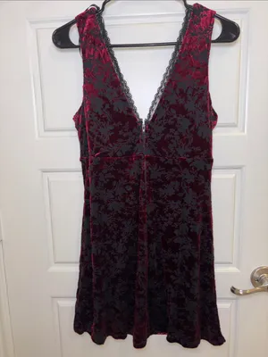 Burgundy Floral Burnout Velvet Lace Trim Mini Dress V-Neck Sleeveless L thumbnail 3