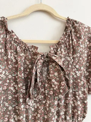 Blu Pepper Brown White Floral Puff-Sleeve Mini Dress Size Medium thumbnail 6