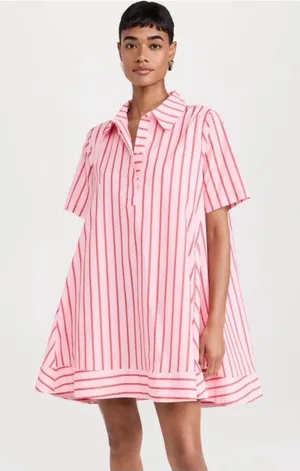 English Factory Pink Striped Cotton Swing Mini Dress Size Large Preppy thumbnail 1