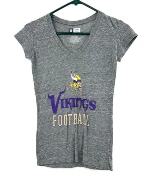 NFL Team Apparel Size Small Gray Minnesota Vikings‎ Football V Neck Tee Logo thumbnail 1