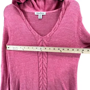 Tommy‎ Bahama Cable Knit Sweater Womens Small Pink Hooded Pullover Linen Cotton thumbnail 6
