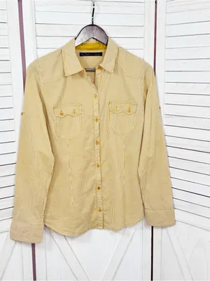 Zara TRF Striped Elbow Patch Western Style Button Up Shirt Yellow Medium thumbnail 6