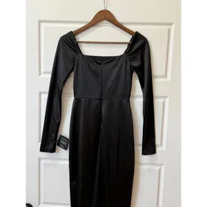 Lulus‎ Fabulous Encounters Black Satin Long Sleeve Midi Dress XS Party Cocktail thumbnail 6