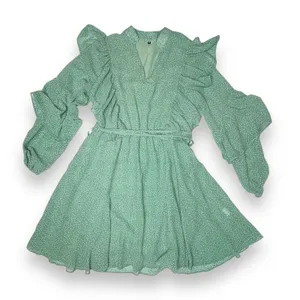 Sage Green Polka Dot Long Sleeve Ruffle Mini Dress Casual Flowy‎ Swing Medium thumbnail 5