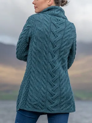 Aran Woollen Mills 3 Button Long Supersoft Merino Wool Cableknit Cardigan Blue thumbnail 3