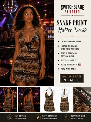 New Women's Switchblade Stiletto Snake-Print 🐍 Lace Up Halter Mini Dress Medium thumbnail 9