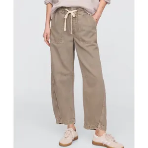 GAP Denim Pull-On Barrel Jeans Tan Khaki High Rise‎ Curved Leg Womens L Long thumbnail 3