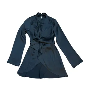 Free People Black Long Sleeve Wrap‎ Ruffle Hem Mini Dress Belted Sz M thumbnail 6