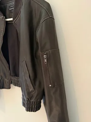 Haute Monde Dark Brown Faux Leather Cropped Bomber Jacket Women’s M thumbnail 4