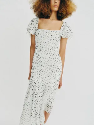 ZARA Square-Neck White Polka Dot Midi Dress thumbnail 3