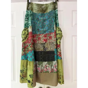 Bohemian Patchwork Floral Tiered Maxi Skirt Pink Cottagecore Gypsy Temu‎ thumbnail 3