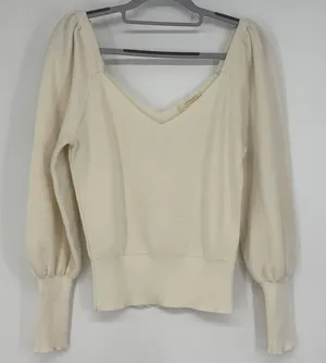 Anthropologie Cream Knit Puff Sleeve V-Neck Sweater Top Size S Romantic Ballet‎ thumbnail 1