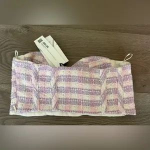 NEW! Zara Small Top Bustier Corset Crop‎ Top Tweed Plaid Pink Purple thumbnail 6