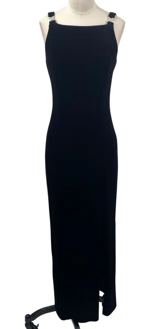 Vintage 90s Betsy & Adam Velvet Column Gown Embellished Maxi Dress Black Small thumbnail 1