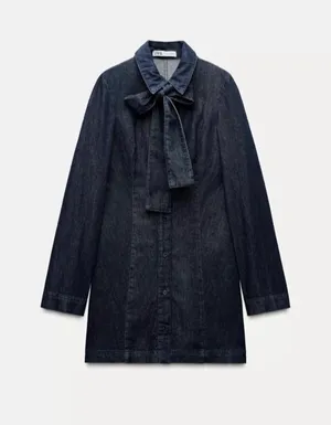 ZARA Dark Wash Denim Mini Dress XS Bow Tie Neck Casual Coquette Preppy Shirt NWT thumbnail 1