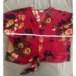 Umgee Floral Tie Front Blouse‎ Burgundy Red Long Sleeve V Neck Top thumbnail 7