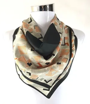Womens Vintage Scarf Hair Accessory Geometric Squares Black Orange Square 22x23 thumbnail 1