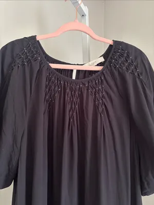 LOFT Smocked Pleated Flounce Dress Black Short Puff Sleeve Babydoll Dress Sz XL thumbnail 6