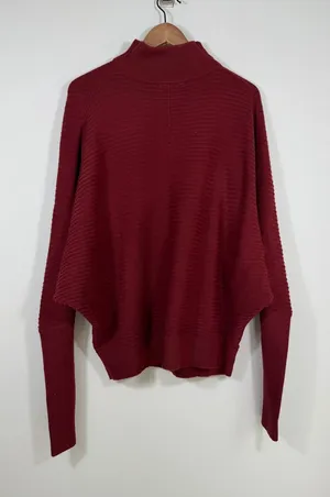 French Connection Burgundy Ribbed Batwing Mock Neck Sweater Large Oversized thumbnail 1