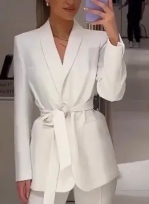 ZARA Tuxedo Blazer With Waist Tie Suit Jacket White thumbnail 7