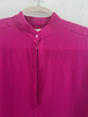 ⁠Vintage 80s 90s Magenta 100% Silk Blouse Mandarin Split Neck M⁠EDIUM NEW thumbnail 4